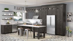 US Cabinet Depot Shaker Cinder Kitchen with Island and Stainless Fridge