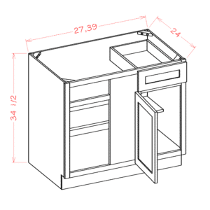 US Cabinet Depot Casselberry Antique White Blind Base Corner Cabinet - 39W X 24D X 34-1/2H-1D-1DRA-1S - Must be installed between 42 1/2 and 49.  Inside Opening: 14-1/2