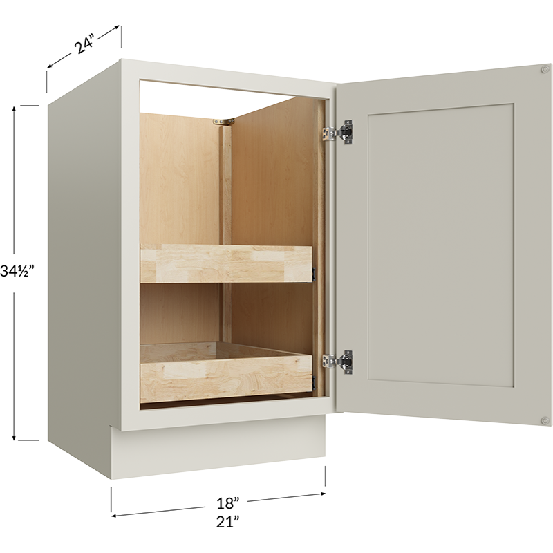 Full Height Door Two Rollout Shelf Base Cabinet - 21W x 34-1/2H x 24D - 1 Door, 2 Roll Out Shelf