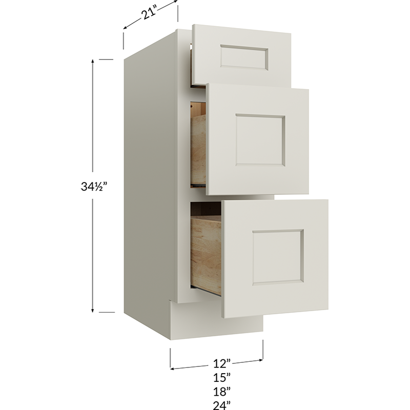 Three Drawer Vanity Base Cabinet - 15W x 34-1/2H x 21D - 3 Drawers