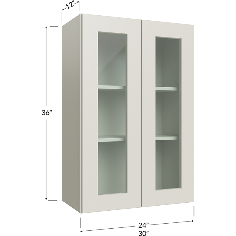 Wall Glass Door Cabinet with Finished Interior - 30W x 36H x 12D - 2 Doors, 2 Shelves - NO Glass