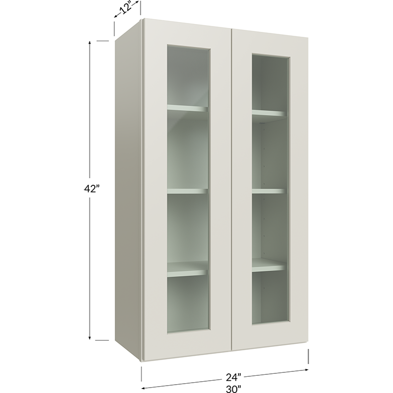 Wall Glass Door Cabinet with Finished Interior - 30W x 42H x 12D - 2 Doors, 3 Shelves - NO Glass