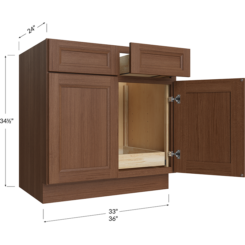 Blackwood Bourbon Oak One Rollout Shelf Base Cabinet - 33W x 34-1/2H x 24D - 2 Doors, 2 Drawers, 1 Roll out Shelf