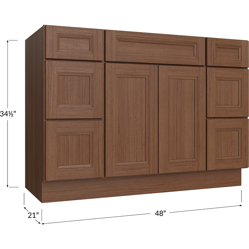 Blackwood Bourbon Oak Vanity Double Drawer Combo Base Cabinet - 48W x 34-1/2H x 21D - 2 Doors, 6 Drawers, 1 False Drawer