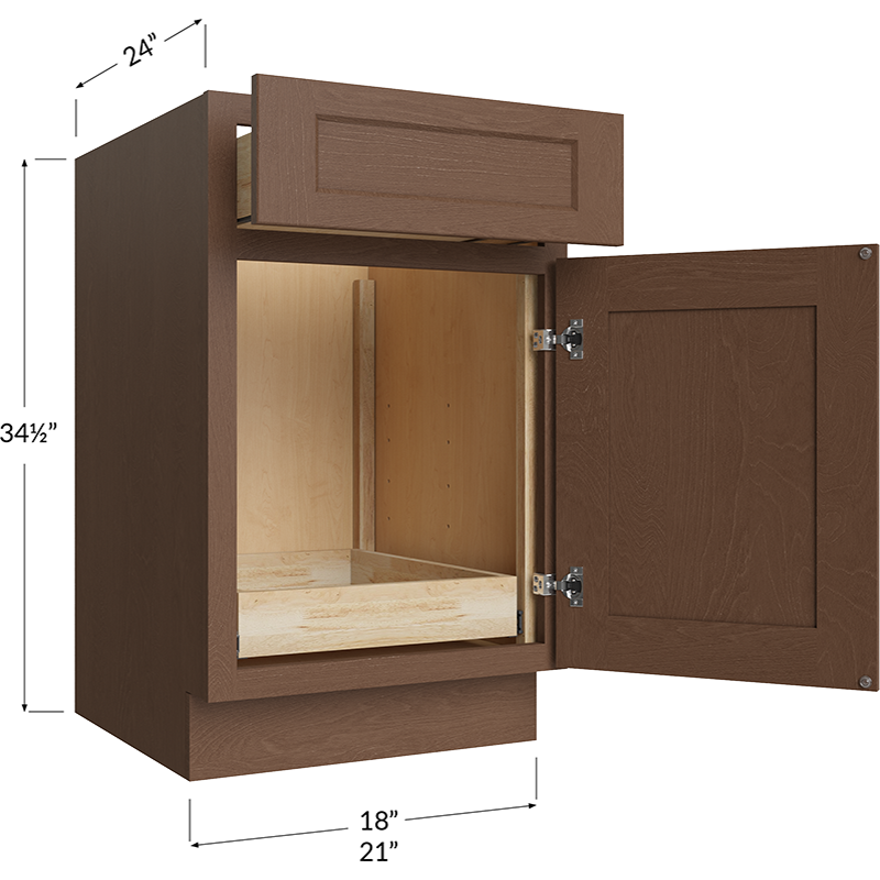 Blackwood Bourbon Shaker One Rollout Shelf Base Cabinet - 21W x 34-1/2H x 24D - 1 Door, 1 Drawer, 1 Roll Out Shelf