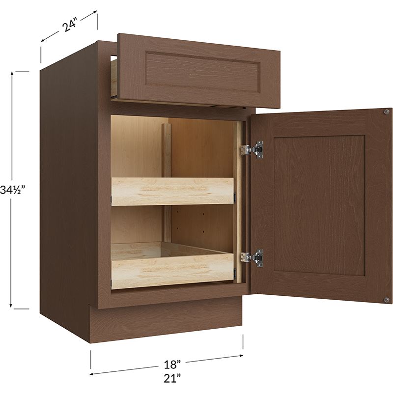 Blackwood Bourbon Shaker Two Rollout Shelf Base Cabinet - 21W x 34-1/2H x 24D - 1 Door, 1 Drawer, 2 Roll Out Shelf