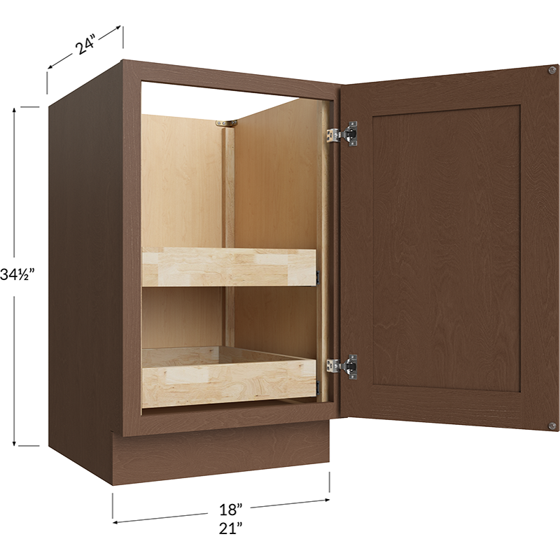 Blackwood Bourbon Shaker Full Height Door Two Rollout Shelf Base Cabinet - 18W x 34-1/2H x 24D - 1 Door, 2 Roll Out Shelf