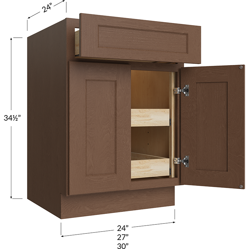 Blackwood Bourbon Shaker Two Rollout Shelf Base Cabinet - 24W x 34-1/2H x 24D - 2 Doors, 1 Drawer, 2 Roll Out Shelf