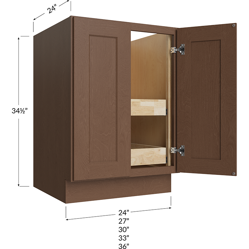 Blackwood Bourbon Shaker Full Height Door Two Rollout Shelf Base Cabinet - 33W x 34-1/2H x 24D - 2 Door, 2 Roll Out Shelf