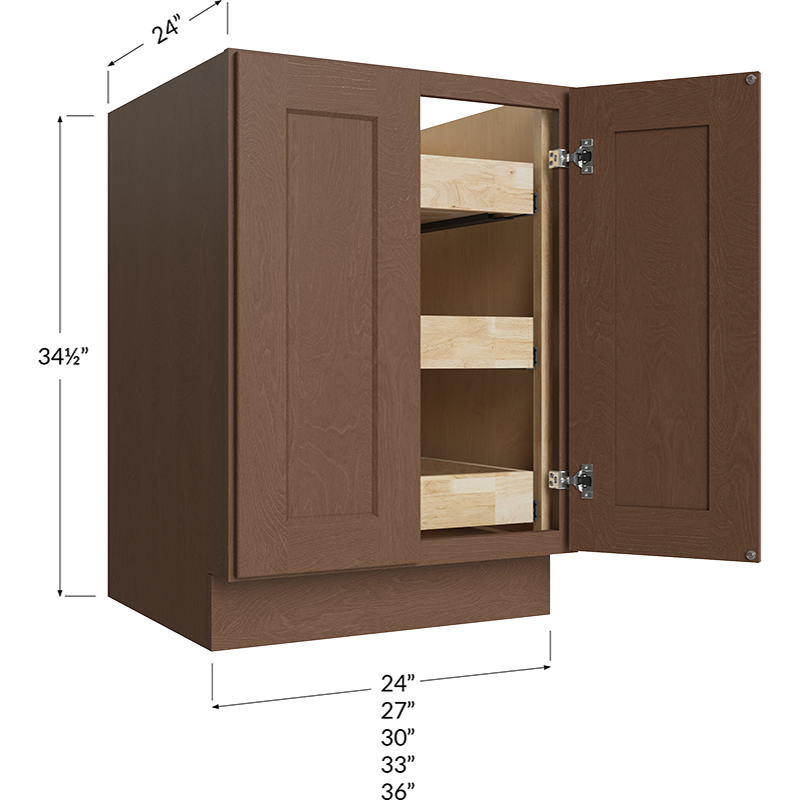 Blackwood Bourbon Shaker Full Height Door Three Rollout Shelf Base Cabinet - 24W x 34-1/2H x 24D - 2 Door, 3 Roll Out Shelf