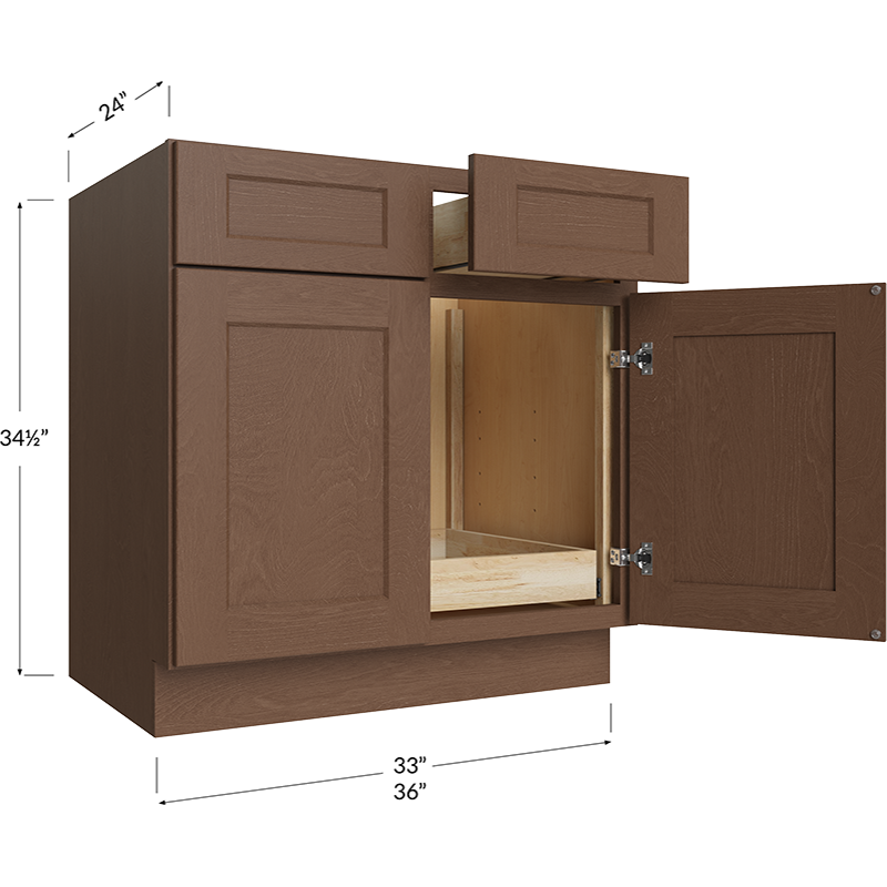Blackwood Bourbon Shaker One Rollout Shelf Base Cabinet - 33W x 34-1/2H x 24D - 2 Doors, 2 Drawer, 1 Roll Out Shelf