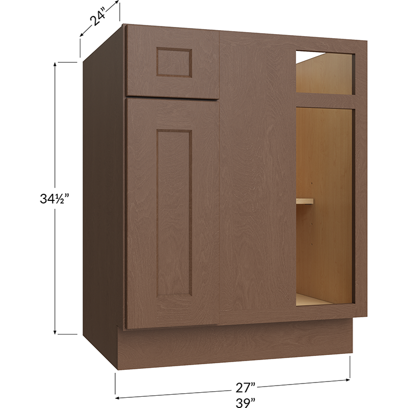 Blackwood Bourbon Shaker Blind Base Corner Cabinet - 39W x 34-1/2H x 24D - 1 Door, 1 Drawer, 1 Shelf