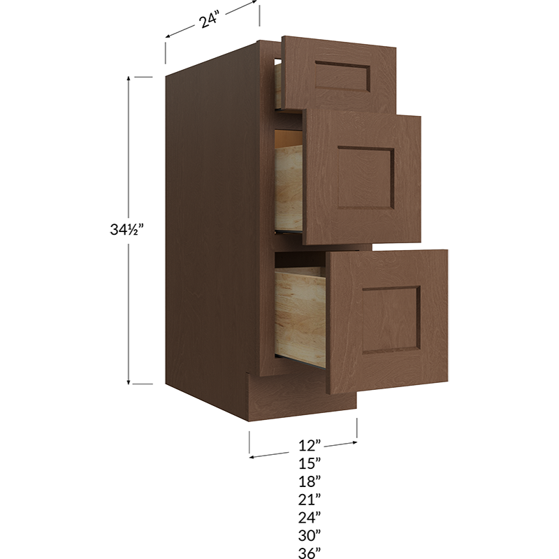 Blackwood Bourbon Shaker Three Drawer Base Cabinet - 15W x 34-1/2H x 24D - 3 Drawers