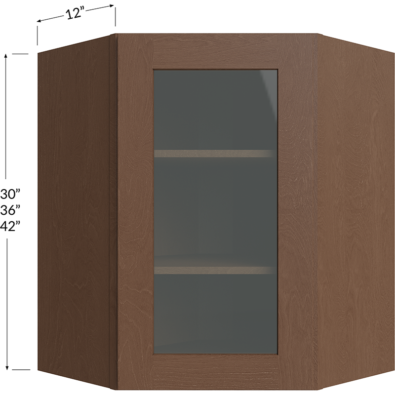 Blackwood Bourbon Shaker Wall Diagonal Glass Door Corner Cabinet with Finished Interior - 24W x 30H x 12D - 1 Door, 2 Shelves - Does not include Glass