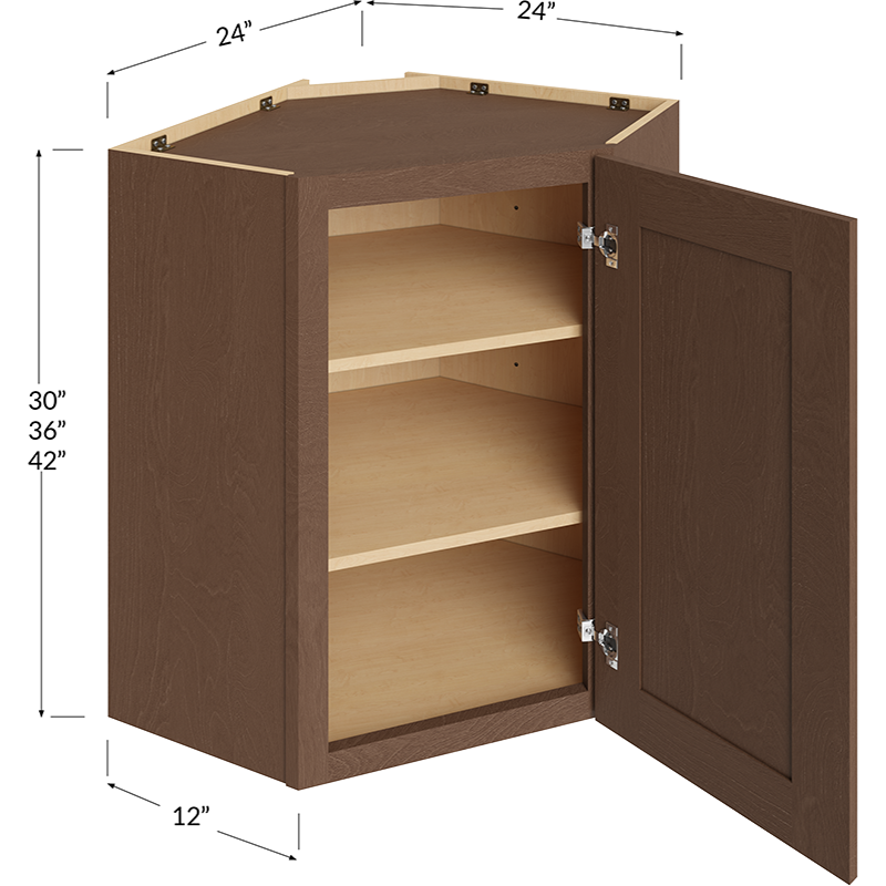 Blackwood Bourbon Shaker Wall Diagonal Corner Cabinet - 24W x 30H x 12D - 1 Door, 2 Shelves