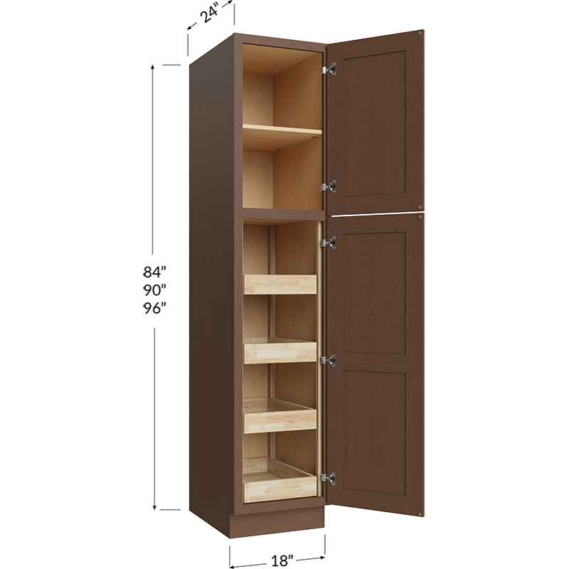 Blackwood Bourbon Shaker Four Rollout Shelf Utility Cabinet - 18W x 96H x 24D - 2 Door, 3 Shelves, 4 Roll Out Shelves