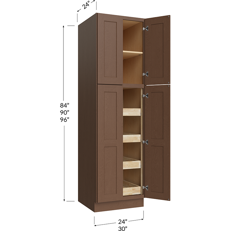 Blackwood Bourbon Shaker Four Rollout Shelf Utility Cabinet - 24W x 84H x 24D - 4 Doors, 1 Shelf, 4 Roll out Shelves