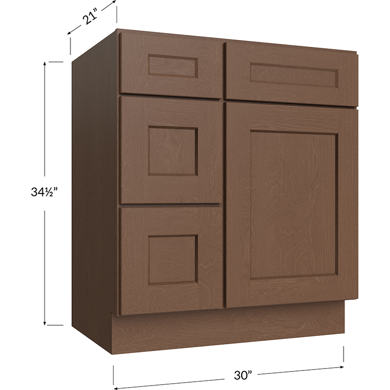 Blackwood Bourbon Shaker Vanity Combo Base Cabinet with Drawers Right - 30W x 34-1/2H x 21D - 1 Door, 3 Drawers, 1 False Drawer
