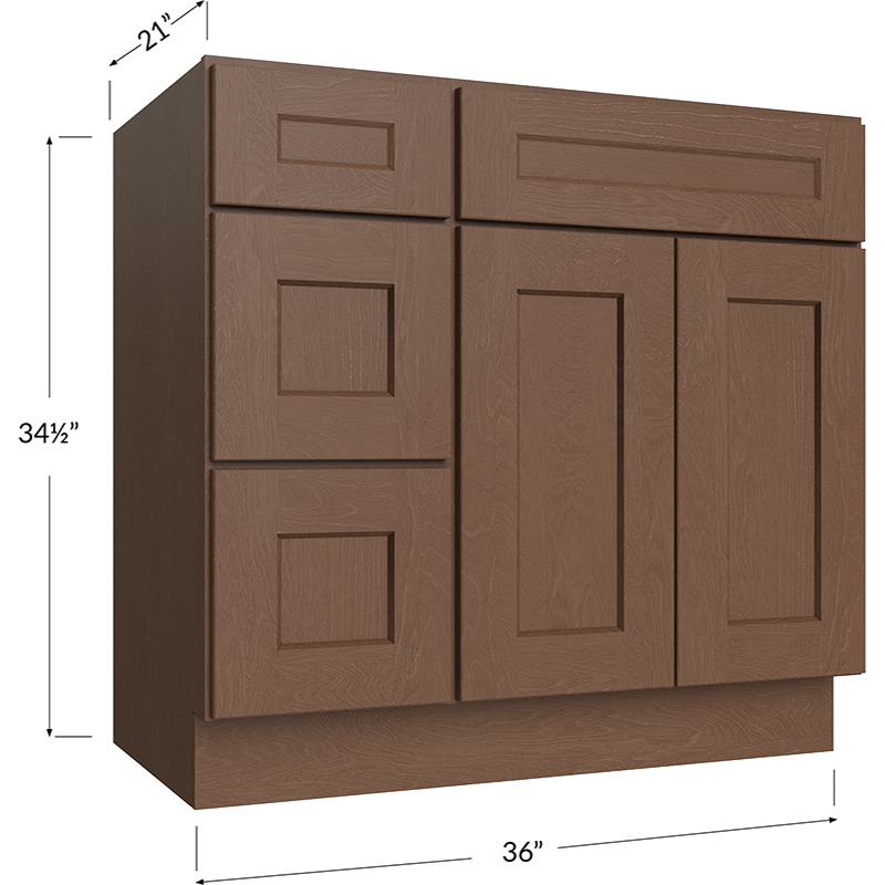 Blackwood Bourbon Shaker Vanity Combo Base Cabinet with Drawers Right - 36W x 34-1/2H x 21D - 2 Doors, 3 Drawers, 1 False Drawer