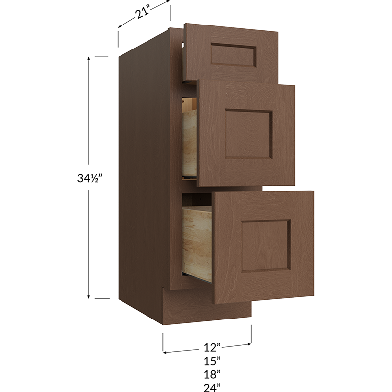 Blackwood Bourbon Shaker Three Drawer Vanity Base Cabinet - 18W x 34-1/2H x 21D - 3 Drawers