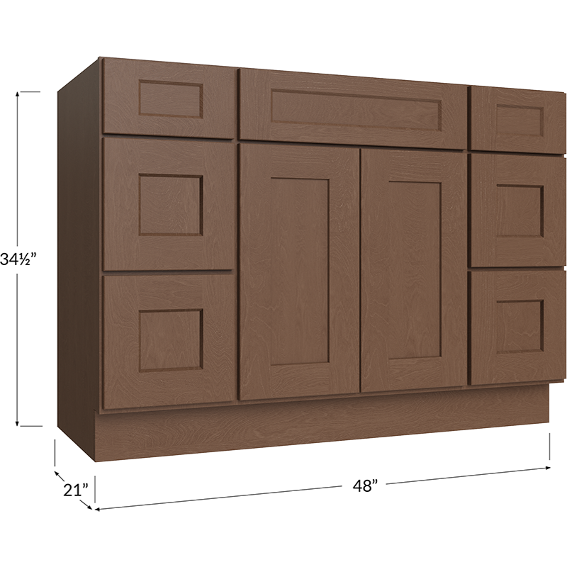 Blackwood Bourbon Shaker Vanity Double Drawer Combo Base Cabinet - 48W x 34-1/2H x 21D - 2 Door, 6 Drawers, 1 False Drawer