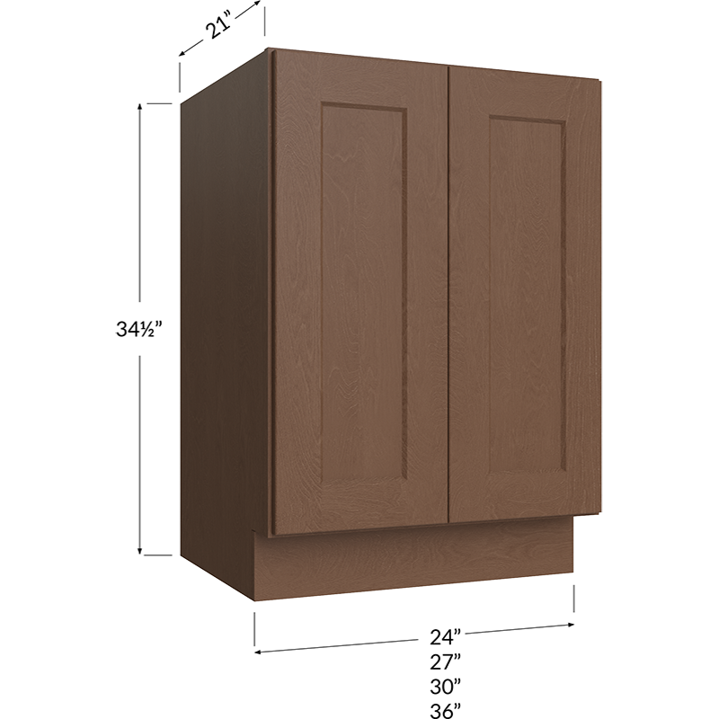 Blackwood Bourbon Shaker Vanity Full Height Door Sink Base Cabinet - 24W x 34-1/2H x 21D - 2 Full Height Doors