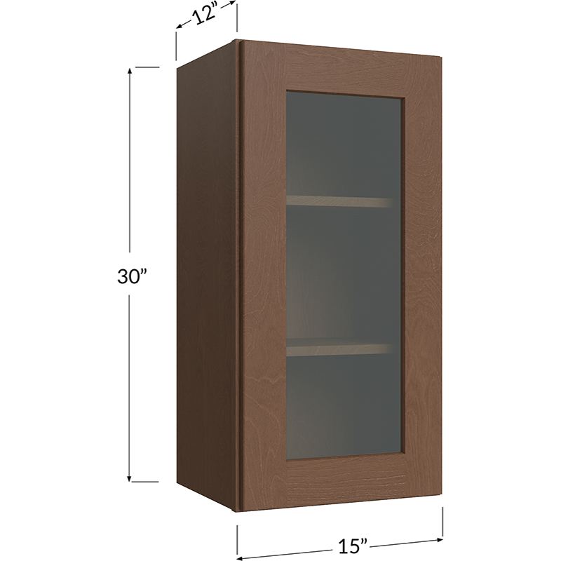 Blackwood Bourbon Shaker Wall Glass Door Cabinet with Finished Interior - 15W x 30H x 12D - 1 Door, 2 Shelves - Does not include Glass