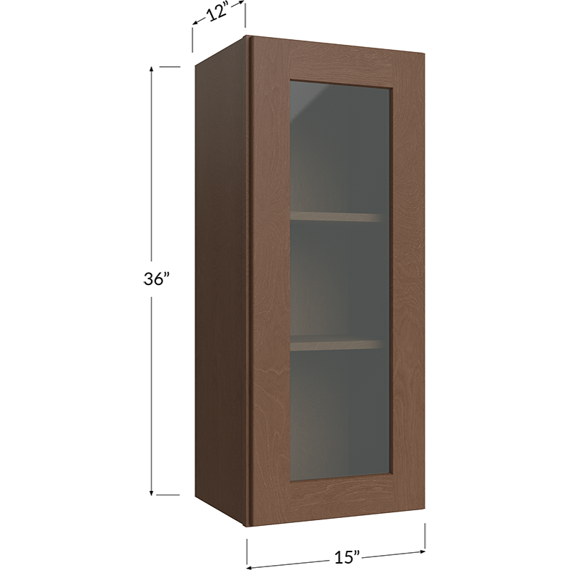 Blackwood Bourbon Shaker Wall Glass Door Cabinet with Finished Interior - 15W x 36H x 12D - 1 Door, 2 Shelves - Does not include Glass