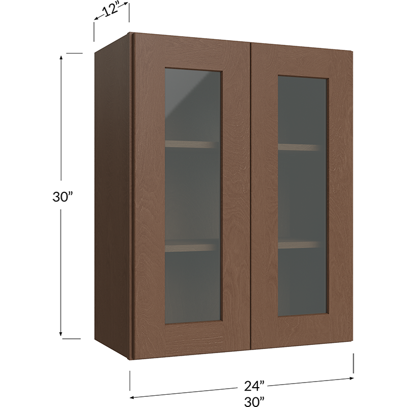 Blackwood Bourbon Shaker Wall Glass Door Cabinet with Finished Interior - 30W x 30H x 12D - 2 Doors, 2 Shelves - Does not include Glass
