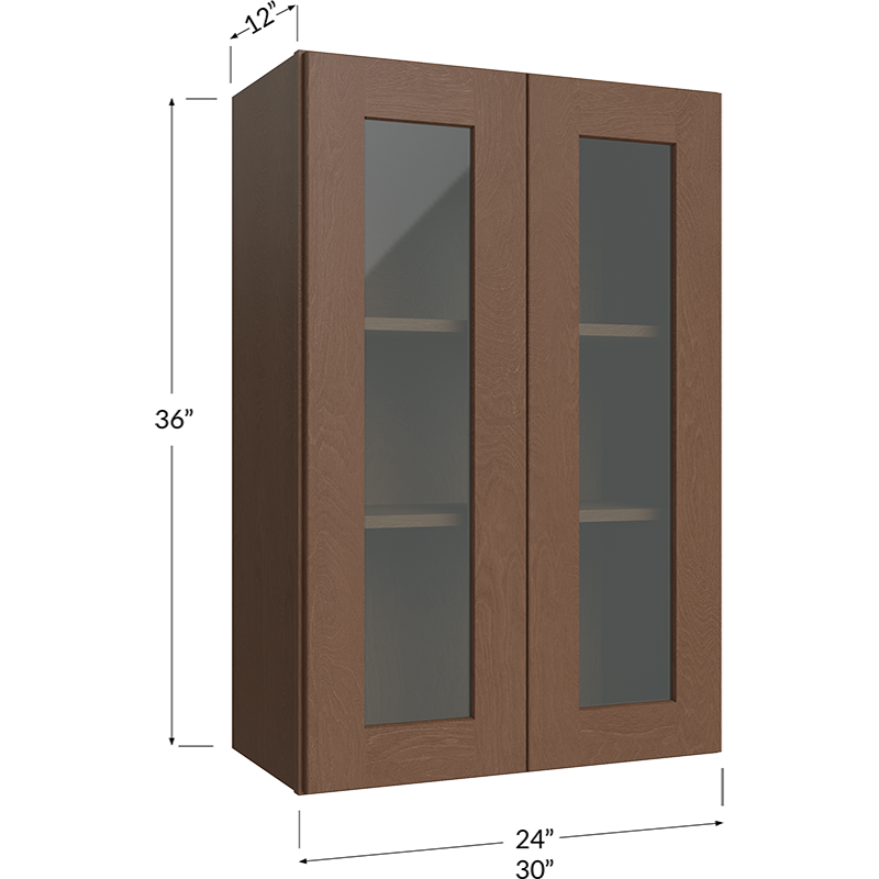 Blackwood Bourbon Shaker Wall Glass Door Cabinet with Finished Interior - 30W x 36H x 12D - 2 Doors, 2 Shelves - Does not include Glass