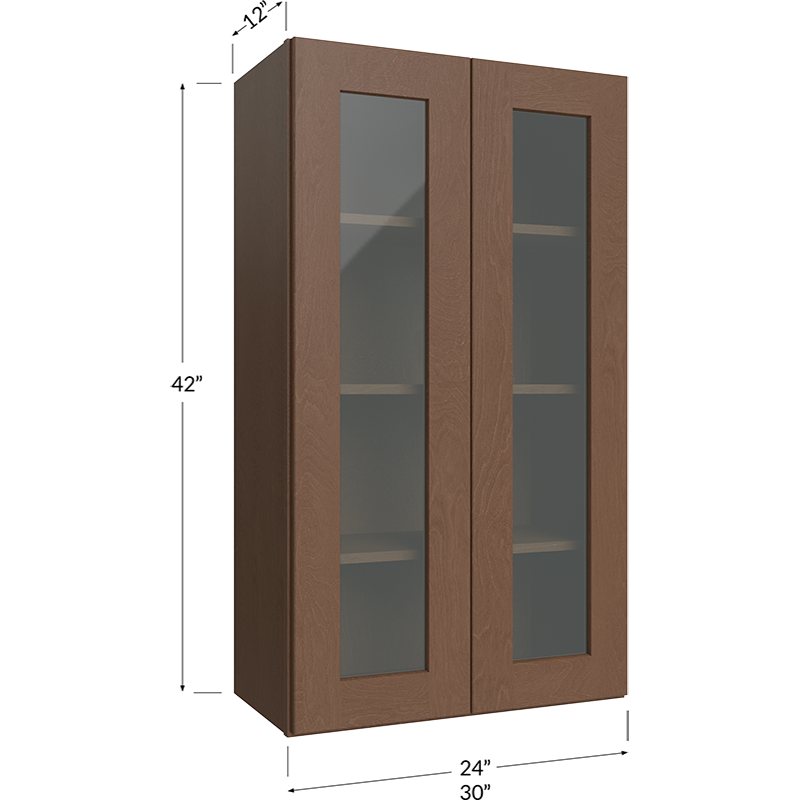Blackwood Bourbon Shaker Wall Glass Door Cabinet with Finished Interior - 30W x 42H x 12D - 2 Door, 3 Shelves - Does not include Glass