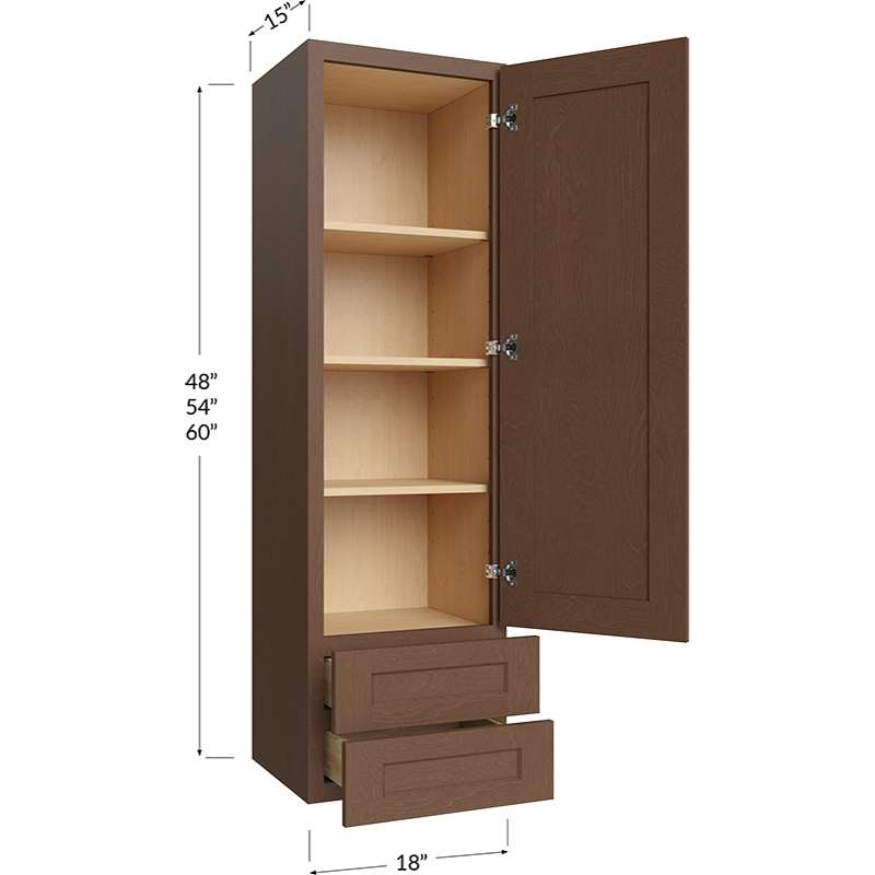 Blackwood Bourbon Shaker Wall Drawer Cabinet - 18W x 48H x 15D - 1 Door, 2 Drawers, 2 Shelves