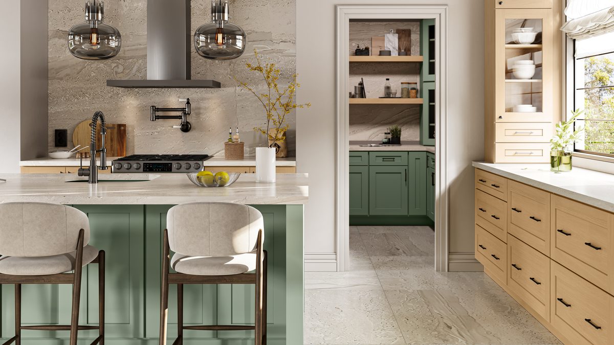 Green kitchen cabinets with white quartz countertops