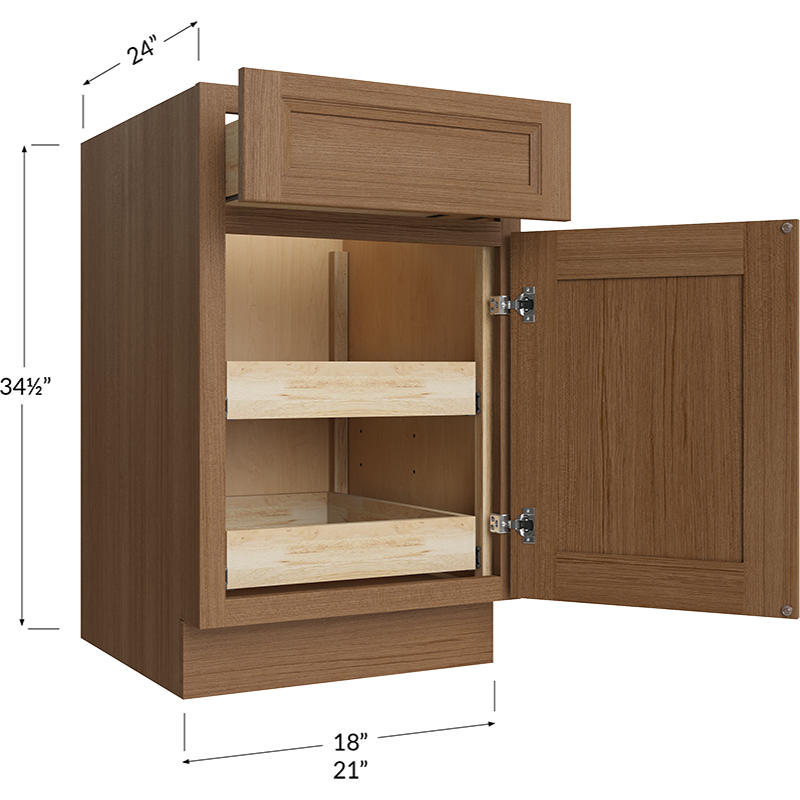 Blackwood Canyon Oak Two Rollout Shelf Base Cabinet - 18W x 34-1/2H x 24D - 1 Door, 1 Drawer, 2 Roll out Shelves