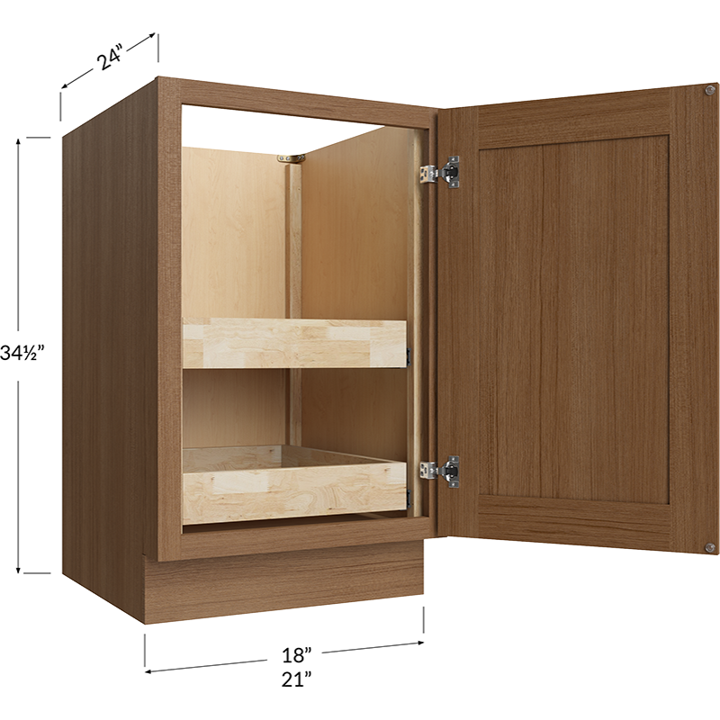 Blackwood Canyon Oak Full Height Door Two Rollout Shelf Base Cabinet - 21W x 34-1/2H x 24D - 1 Door, 2 Rollout Shelves