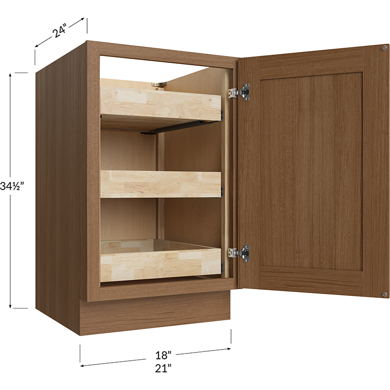 Blackwood Canyon Oak Full Height Door Three Rollout Shelf Base Cabinet - 21W x 34-1/2H x 24D - 1 Door, 3 Rollout Shelves