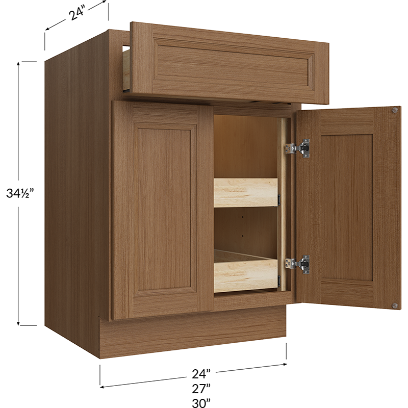 Blackwood Canyon Oak Two Rollout Shelf Base Cabinet - 30W x 34-1/2H x 24D - 2 Doors, 1 Drawer, 2 Roll out Shelves