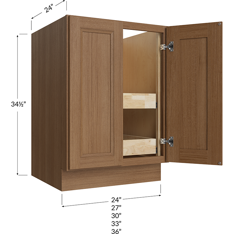 Blackwood Canyon Oak Full Height Door Two Rollout Shelf Base Cabinet - 24W x 34-1/2H x 24D - 2 Doors, 2 Rollout Shelves