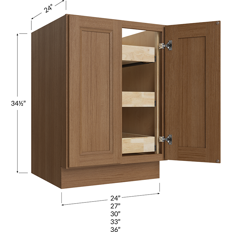 Blackwood Canyon Oak Full Height Door Three Rollout Shelf Base Cabinet - 24W x 34-1/2H x 24D - 2 Doors, 3 Rollout Shelves