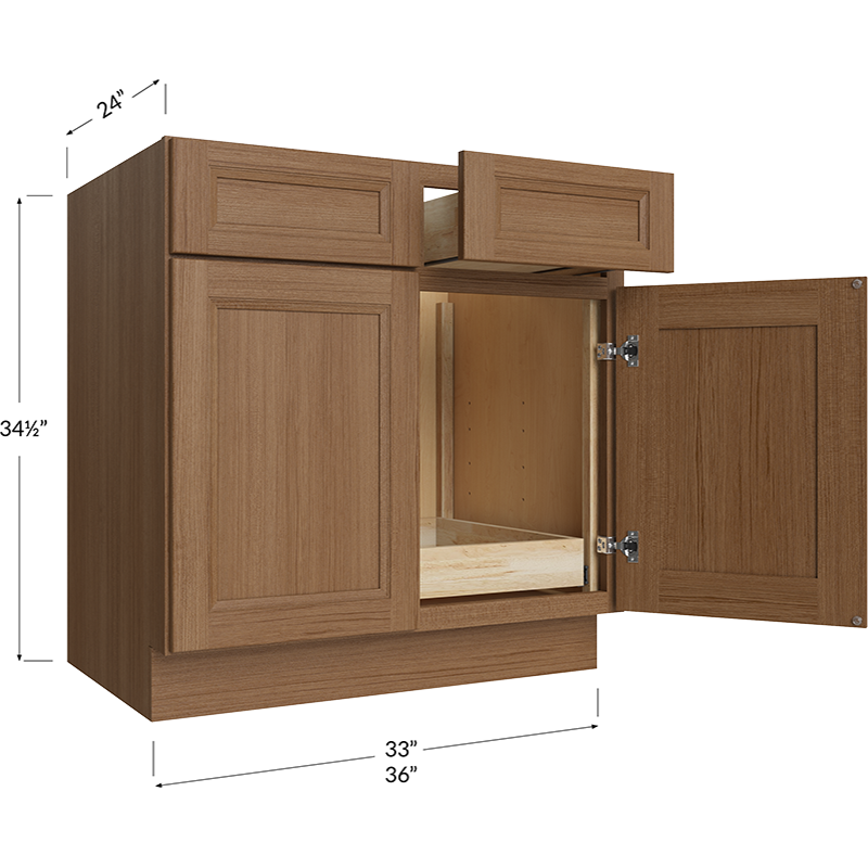 Blackwood Canyon Oak One Rollout Shelf Base Cabinet - 33W x 34-1/2H x 24D - 2 Doors, 2 Drawers, 1 Roll out Shelf