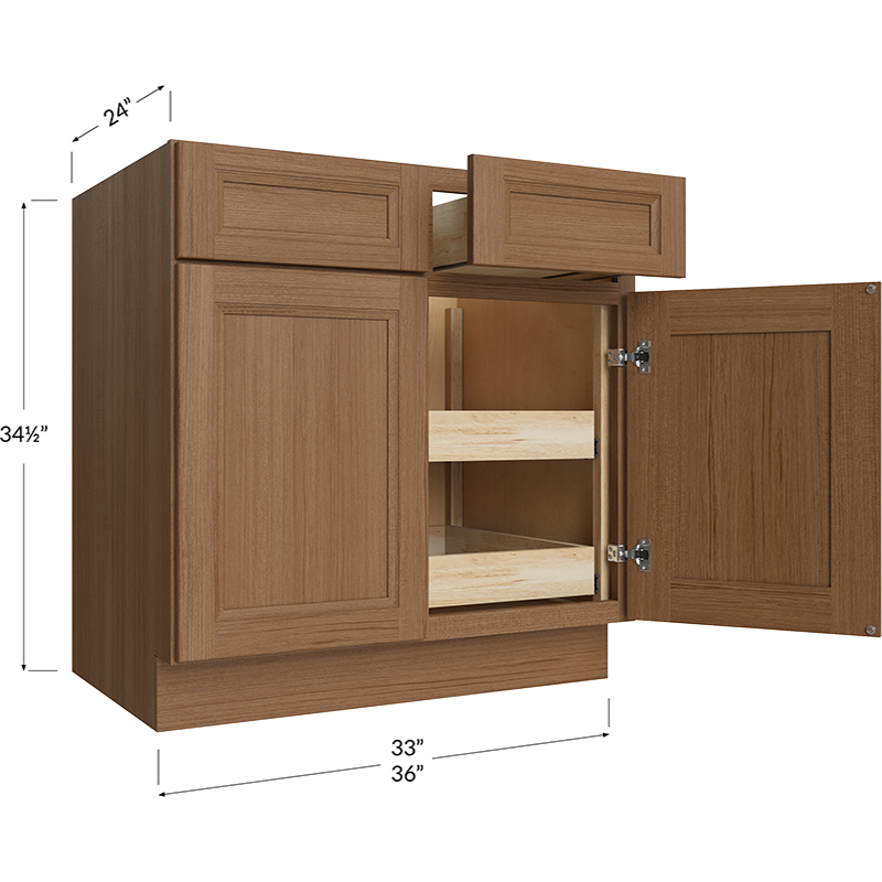 Blackwood Canyon Oak Two Rollout Shelf Base Cabinet - 33W x 34-1/2H x 24D - 2 Doors, 2 Drawers, 2 Rollout Shelves