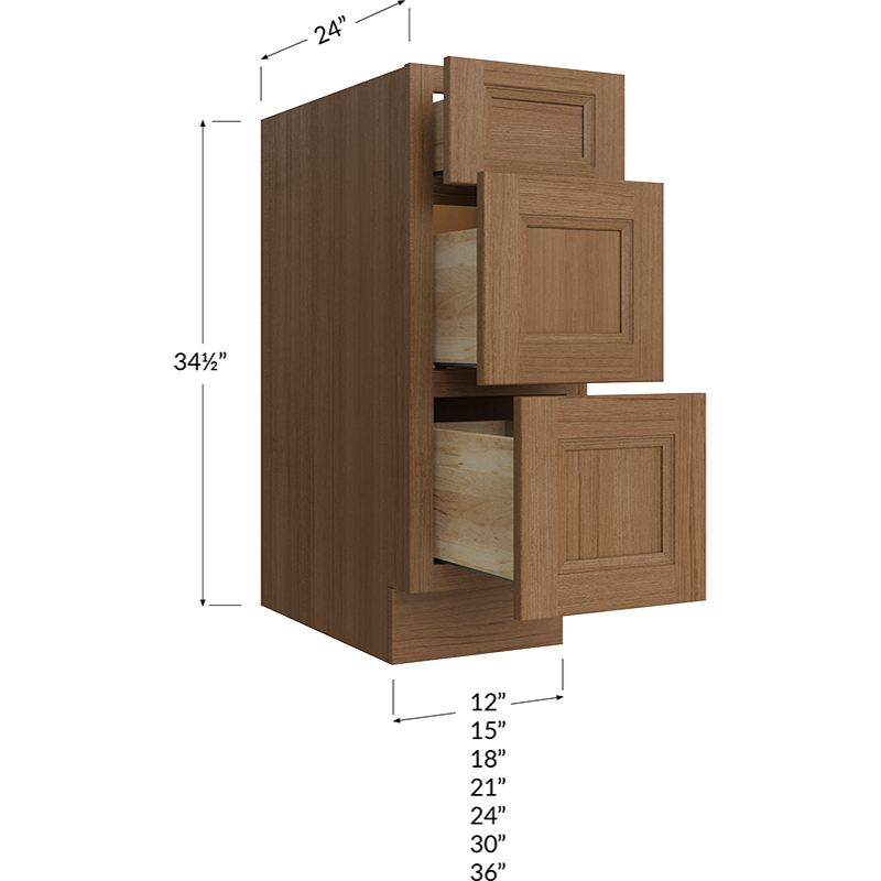 Blackwood Canyon Oak Three Drawer Base Cabinet - 24W x 34-1/2H x 24D - 3 drawers
