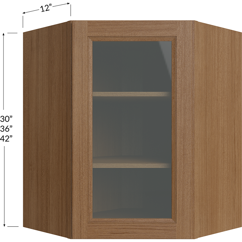 Blackwood Canyon Oak Wall Diagonal Glass Door Corner Cabinet with Finished Interior - 24W x 42H x 12D - 1 Door, 3 Shelves - Does not include Glass