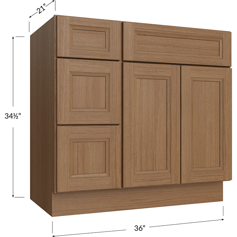 Blackwood Canyon Oak Vanity Combo Base Cabinet with Drawers Left - 36W x 34-1/2H x 21D - 2 Doors, 3 Drawers, 1 False Drawer