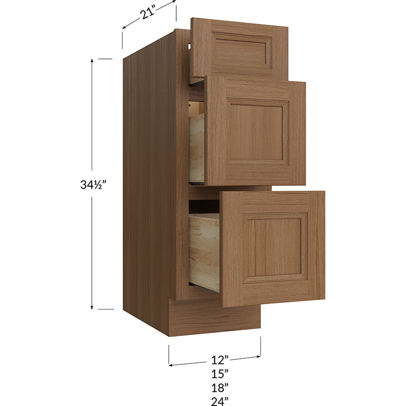Blackwood Canyon Oak Three Drawer Vanity Base Cabinet - 12W x 34-1/2H x 21D - 3 drawers