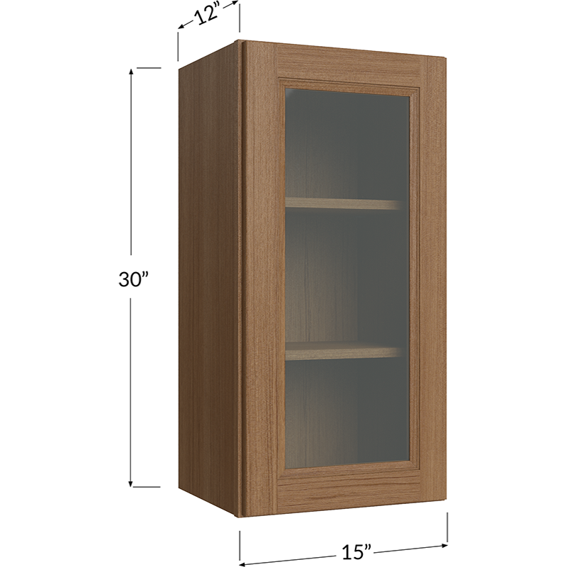 Blackwood Canyon Oak Wall Glass Door Cabinet with Finished Interior - 15W x 30H x 12D - 1 Door, 2 Shelves - Does not include Glass