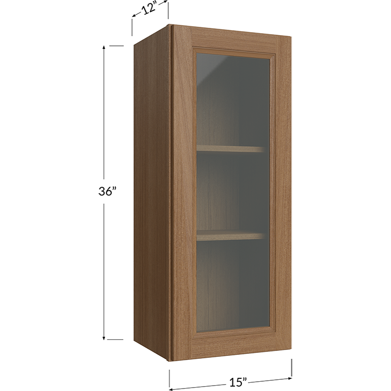 Blackwood Canyon Oak Wall Glass Door Cabinet with Finished Interior - 15W x 36H x 12D - 1 Door, 2 Shelves - Does not include Glass