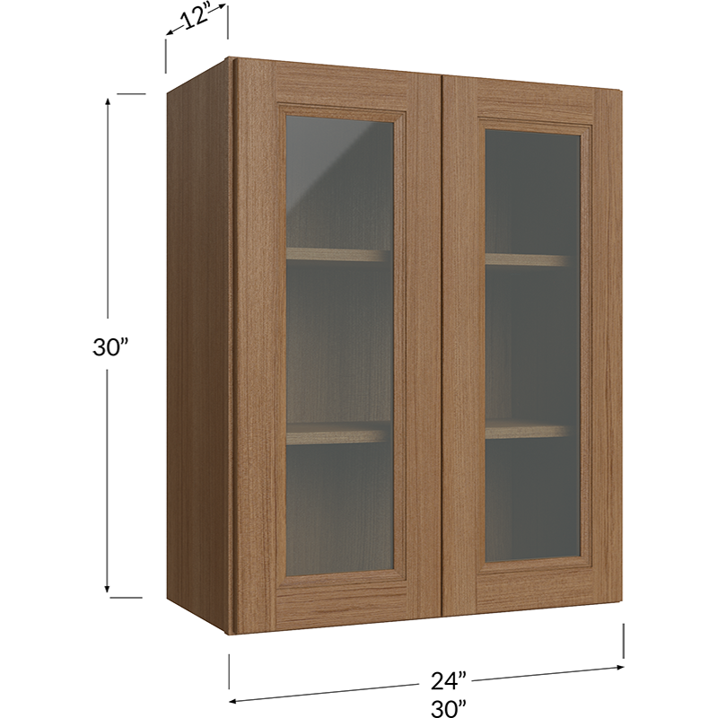 Blackwood Canyon Oak Wall Glass Door Cabinet with Finished Interior - 24W x 30H x 12D - 2 Door, 2 Shelves - Does not include Glass