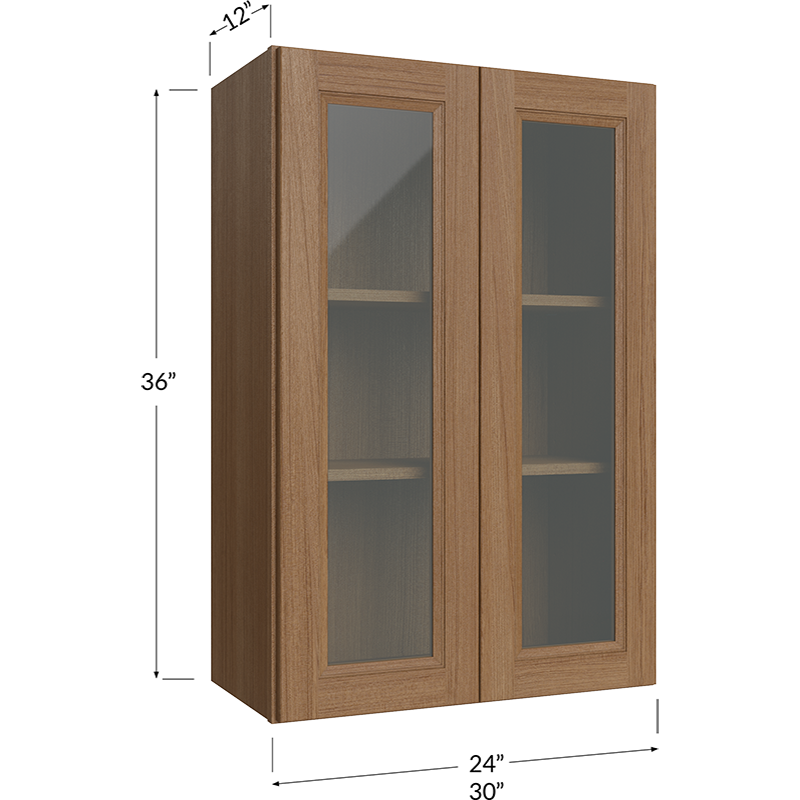 Blackwood Canyon Oak Wall Glass Door Cabinet with Finished Interior - 24W x 36H x 12D - 2 Door, 2 Shelves - Does not include Glass