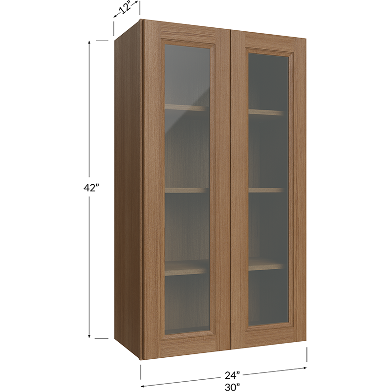 Blackwood Canyon Oak Wall Glass Door Cabinet with Finished Interior - 30W x 42H x 12D - 2 Doors, 3 Shelves - Does not include Glass